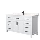 Wyndham Collection - Beckett 60 Inch Single Bathroom Vanity in White, Carrara Cultured Marble Countertop, Undermount Square Sink, Matte Black Trim