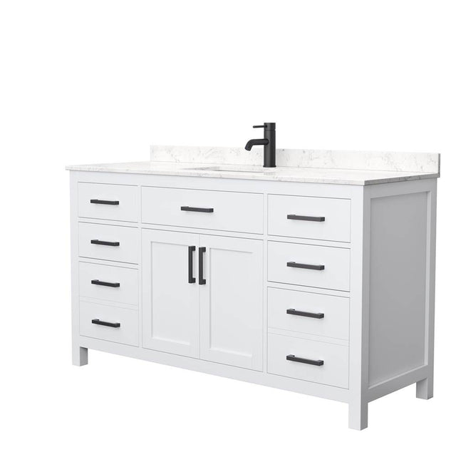 Wyndham Collection - Beckett 60 Inch Single Bathroom Vanity in White, Carrara Cultured Marble Countertop, Undermount Square Sink, Matte Black Trim