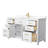 Beckett 60 Inch Single Bathroom Vanity in White, Carrara Cultured Marble Countertop, Undermount Square Sink, Brushed Gold Trim