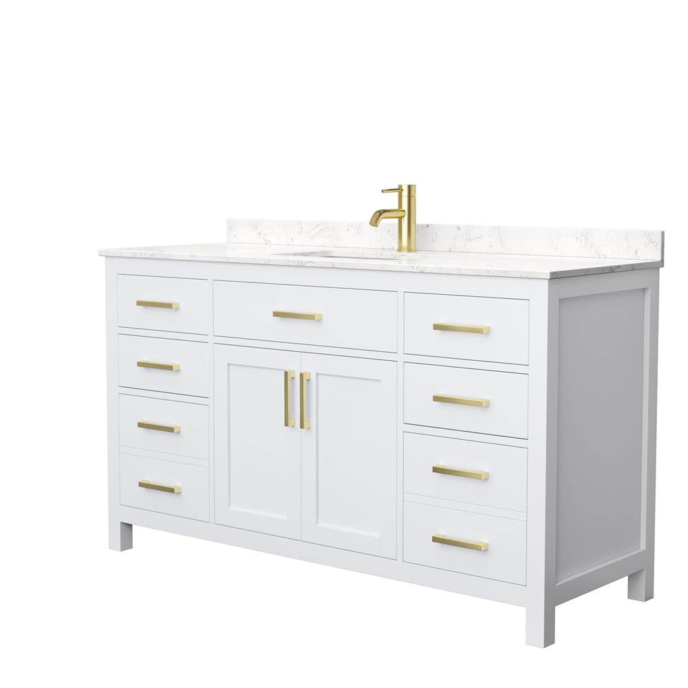 Wyndham Collection - Beckett 60 Inch Single Bathroom Vanity in White, Carrara Cultured Marble Countertop, Undermount Square Sink, Brushed Gold Trim
