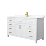 Wyndham Collection - Beckett 60 Inch Single Bathroom Vanity in White, Carrara Cultured Marble Countertop, Undermount Square Sink, Brushed Gold Trim