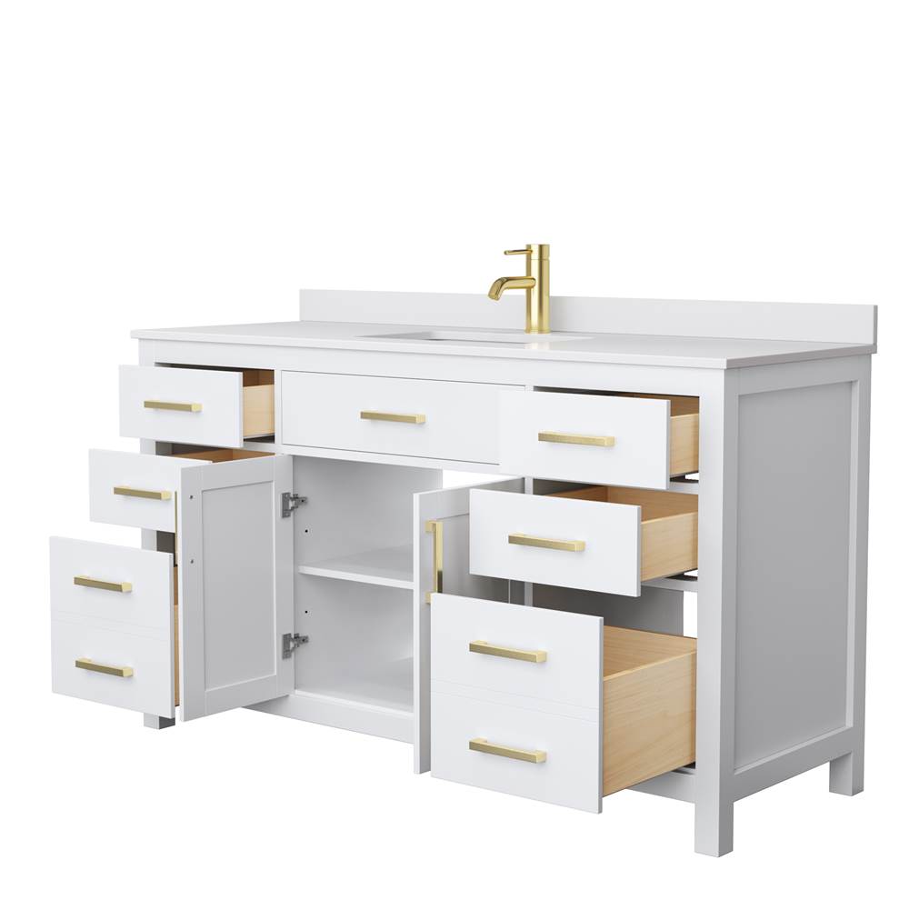 Beckett 60 Inch Single Bathroom Vanity in White, White Cultured Marble Countertop, Undermount Square Sink, Brushed Gold Trim