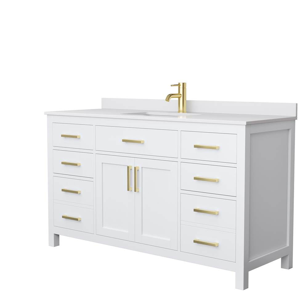 Wyndham Collection - Beckett 60 Inch Single Bathroom Vanity in White, White Cultured Marble Countertop, Undermount Square Sink, Brushed Gold Trim