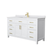 Wyndham Collection - Beckett 60 Inch Single Bathroom Vanity in White, White Cultured Marble Countertop, Undermount Square Sink, Brushed Gold Trim