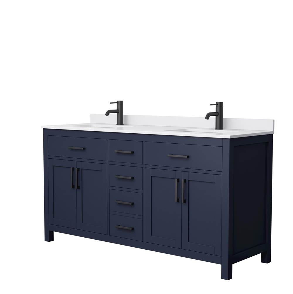 Wyndham Collection - Beckett 66 Inch Double Bathroom Vanity in Dark Blue, White Cultured Marble Countertop, Undermount Square Sinks, Matte Black Trim