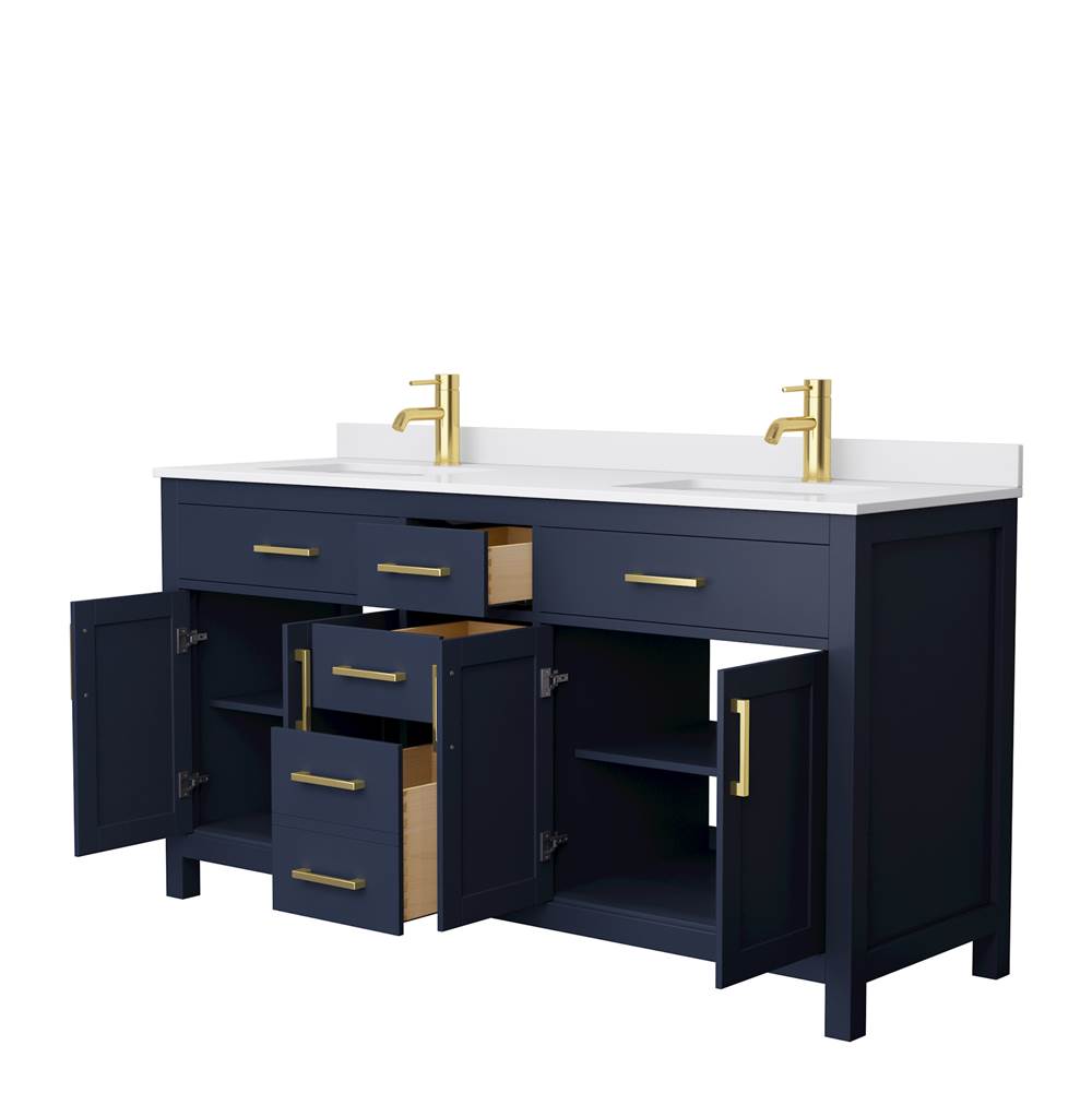 Beckett 66 Inch Double Bathroom Vanity in Dark Blue, White Cultured Marble Countertop, Undermount Square Sinks, No Mirror