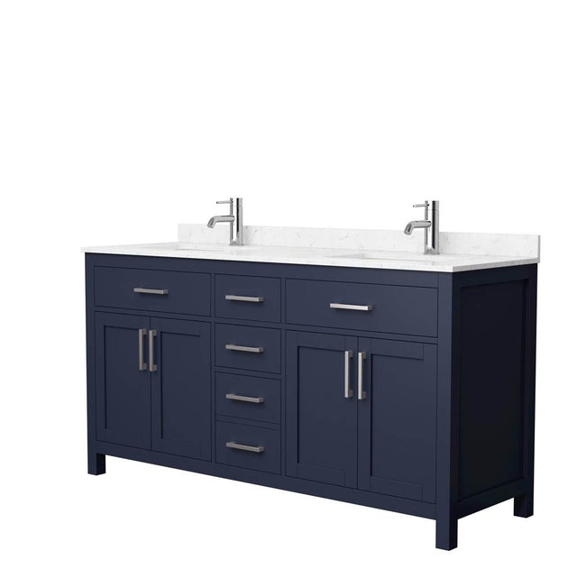 Wyndham Collection - Beckett 66 Inch Double Bathroom Vanity in Dark Blue, Carrara Cultured Marble Countertop, Undermount Square Sinks, Brushed Nickel Trim