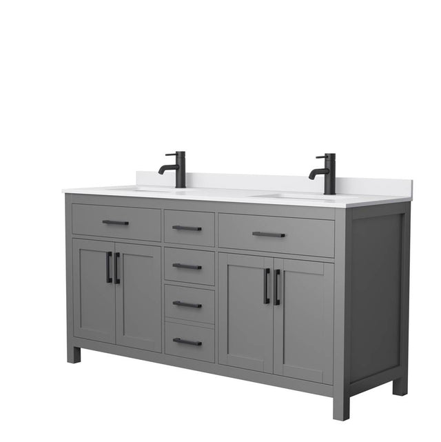Wyndham Collection - Beckett 66 Inch Double Bathroom Vanity in Dark Gray, White Cultured Marble Countertop, Undermount Square Sinks, Matte Black Trim