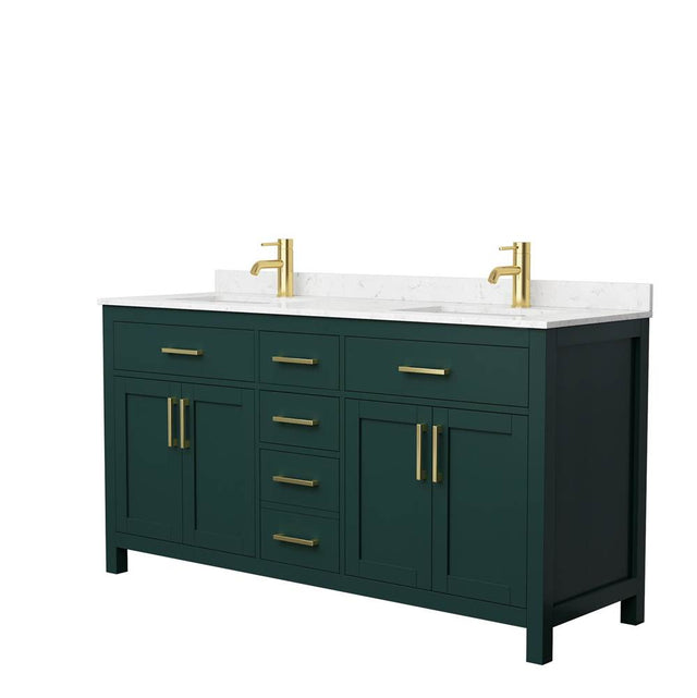 Wyndham Collection - Beckett 66 Inch Double Bathroom Vanity in Green, Carrara Cultured Marble Countertop, Undermount Square Sinks, Brushed Gold Trim