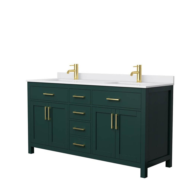 Wyndham Collection - Beckett 66 Inch Double Bathroom Vanity in Green, White Cultured Marble Countertop, Undermount Square Sinks, Brushed Gold Trim