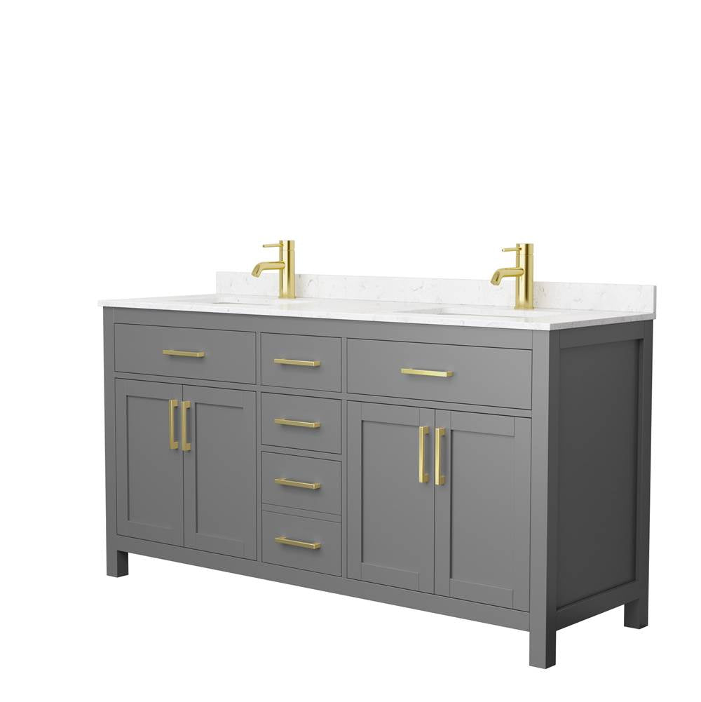 Wyndham Collection - Beckett 66 Inch Double Bathroom Vanity in Dark Gray, Carrara Cultured Marble Countertop, Undermount Square Sinks, Brushed Gold Trim