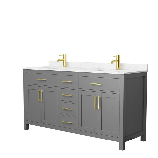 Wyndham Collection - Beckett 66 Inch Double Bathroom Vanity in Dark Gray, Carrara Cultured Marble Countertop, Undermount Square Sinks, Brushed Gold Trim