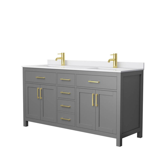 Wyndham Collection - Beckett 66 Inch Double Bathroom Vanity in Dark Gray, White Cultured Marble Countertop, Undermount Square Sinks, Brushed Gold Trim