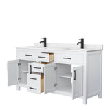 Beckett 66 Inch Double Bathroom Vanity in White, Carrara Cultured Marble Countertop, Undermount Square Sinks, Matte Black Trim