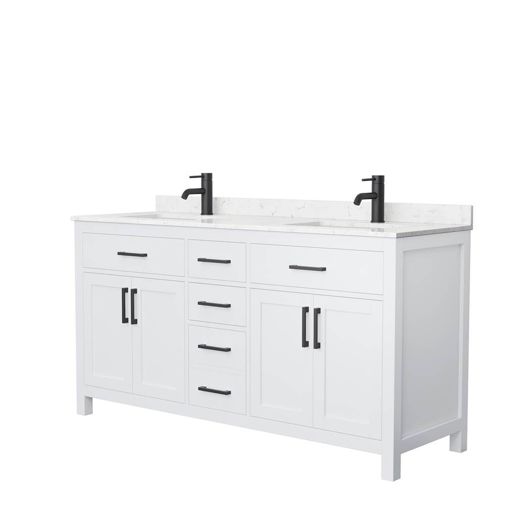 Wyndham Collection - Beckett 66 Inch Double Bathroom Vanity in White, Carrara Cultured Marble Countertop, Undermount Square Sinks, Matte Black Trim
