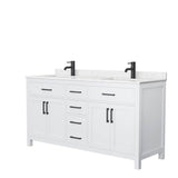 Wyndham Collection - Beckett 66 Inch Double Bathroom Vanity in White, Carrara Cultured Marble Countertop, Undermount Square Sinks, Matte Black Trim