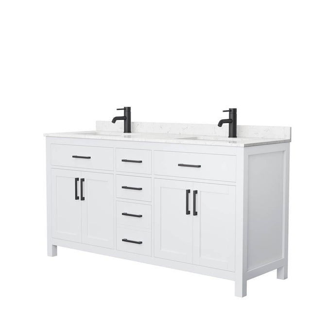 Wyndham Collection - Beckett 66 Inch Double Bathroom Vanity in White, Carrara Cultured Marble Countertop, Undermount Square Sinks, Matte Black Trim
