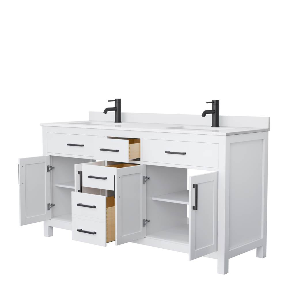 Beckett 66 Inch Double Bathroom Vanity in White, White Cultured Marble Countertop, Undermount Square Sinks, Matte Black Trim