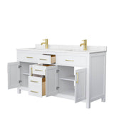 Beckett 66 Inch Double Bathroom Vanity in White, Carrara Cultured Marble Countertop, Undermount Square Sinks, Brushed Gold Trim