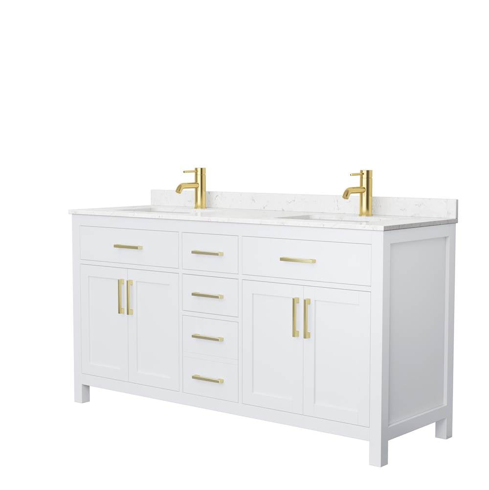 Wyndham Collection - Beckett 66 Inch Double Bathroom Vanity in White, Carrara Cultured Marble Countertop, Undermount Square Sinks, Brushed Gold Trim