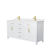 Wyndham Collection - Beckett 66 Inch Double Bathroom Vanity in White, Carrara Cultured Marble Countertop, Undermount Square Sinks, Brushed Gold Trim