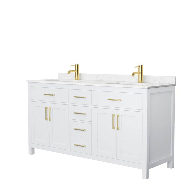 Wyndham Collection - Beckett 66 Inch Double Bathroom Vanity in White, Carrara Cultured Marble Countertop, Undermount Square Sinks, Brushed Gold Trim