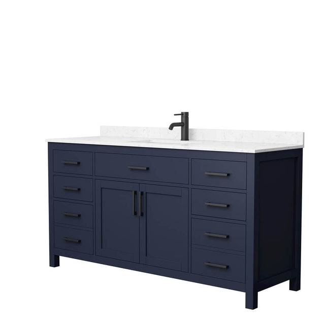 Wyndham Collection - Beckett 66 Inch Single Bathroom Vanity in Dark Blue, Carrara Cultured Marble Countertop, Undermount Square Sink, Matte Black Trim