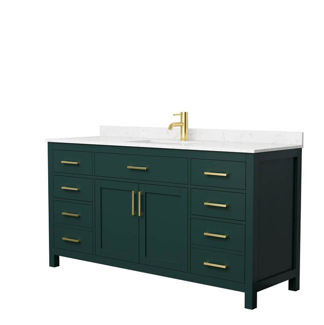 Wyndham Collection - Beckett 66 Inch Single Bathroom Vanity in Green, Carrara Cultured Marble Countertop, Undermount Square Sink, Brushed Gold Trim