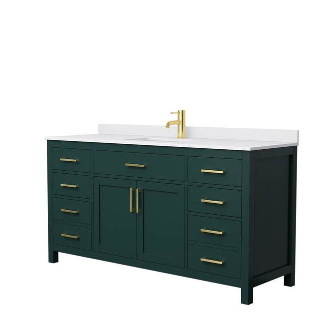Wyndham Collection - Beckett 66 Inch Single Bathroom Vanity in Green, White Cultured Marble Countertop, Undermount Square Sink, Brushed Gold Trim