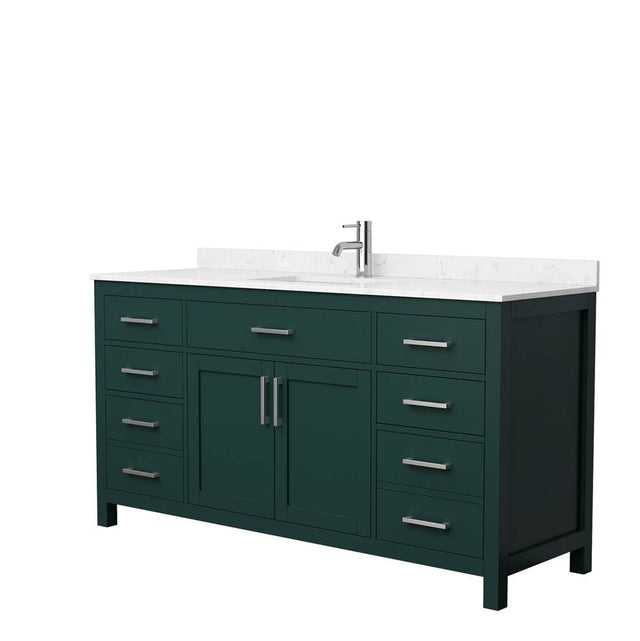 Wyndham Collection - Beckett 66 Inch Single Bathroom Vanity in Green, Carrara Cultured Marble Countertop, Undermount Square Sink, Brushed Nickel Trim