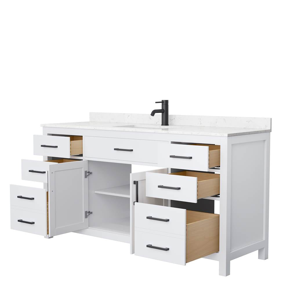 Beckett 66 Inch Single Bathroom Vanity in White, Carrara Cultured Marble Countertop, Undermount Square Sink, Matte Black Trim