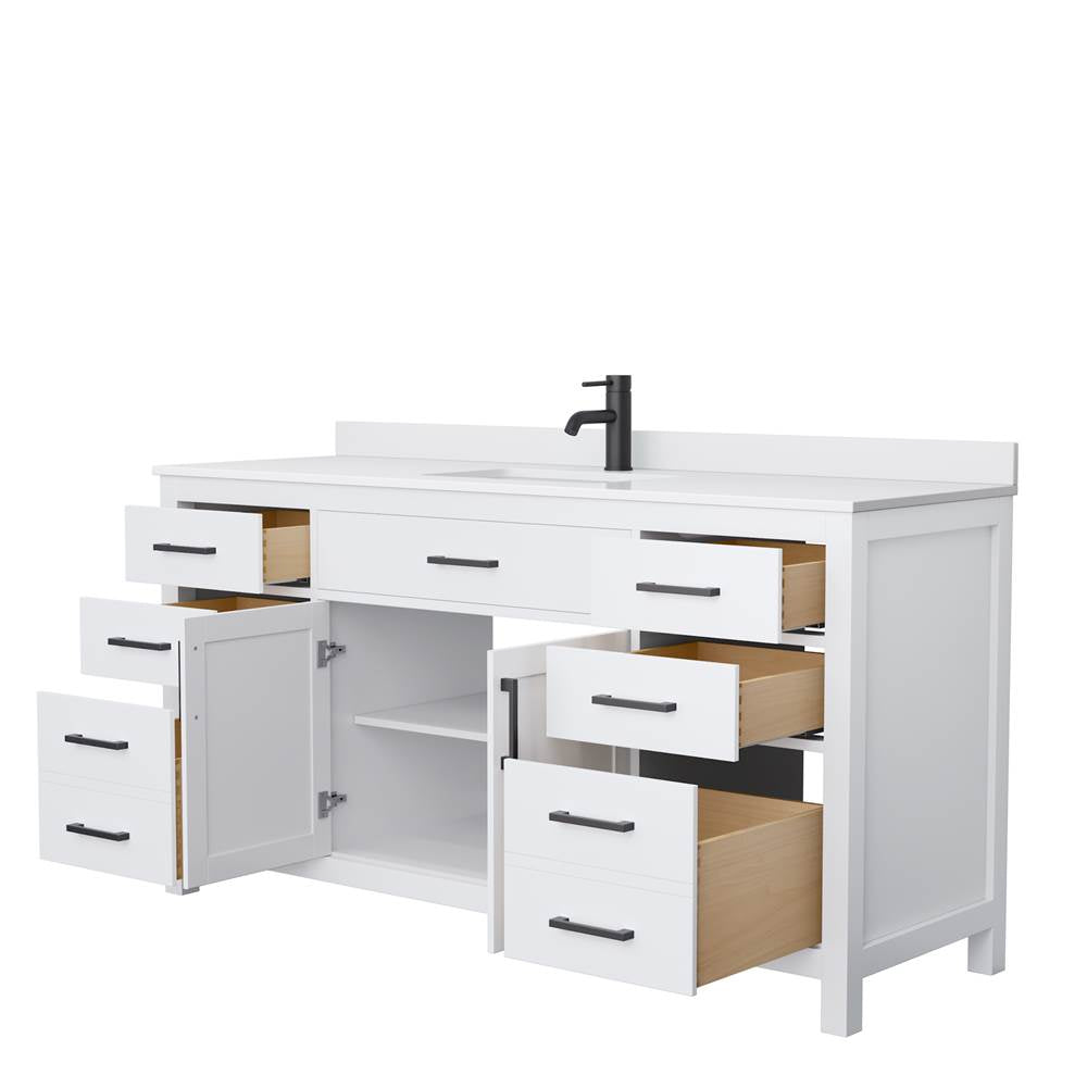 Beckett 66 Inch Single Bathroom Vanity in White, White Cultured Marble Countertop, Undermount Square Sink, Matte Black Trim