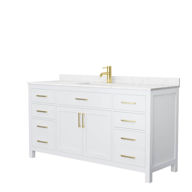 Wyndham Collection - Beckett 66 Inch Single Bathroom Vanity in White, Carrara Cultured Marble Countertop, Undermount Square Sink, Brushed Gold Trim