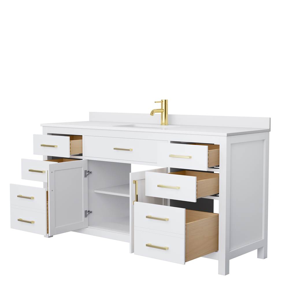 Beckett 66 Inch Single Bathroom Vanity in White, White Cultured Marble Countertop, Undermount Square Sink, Brushed Gold Trim