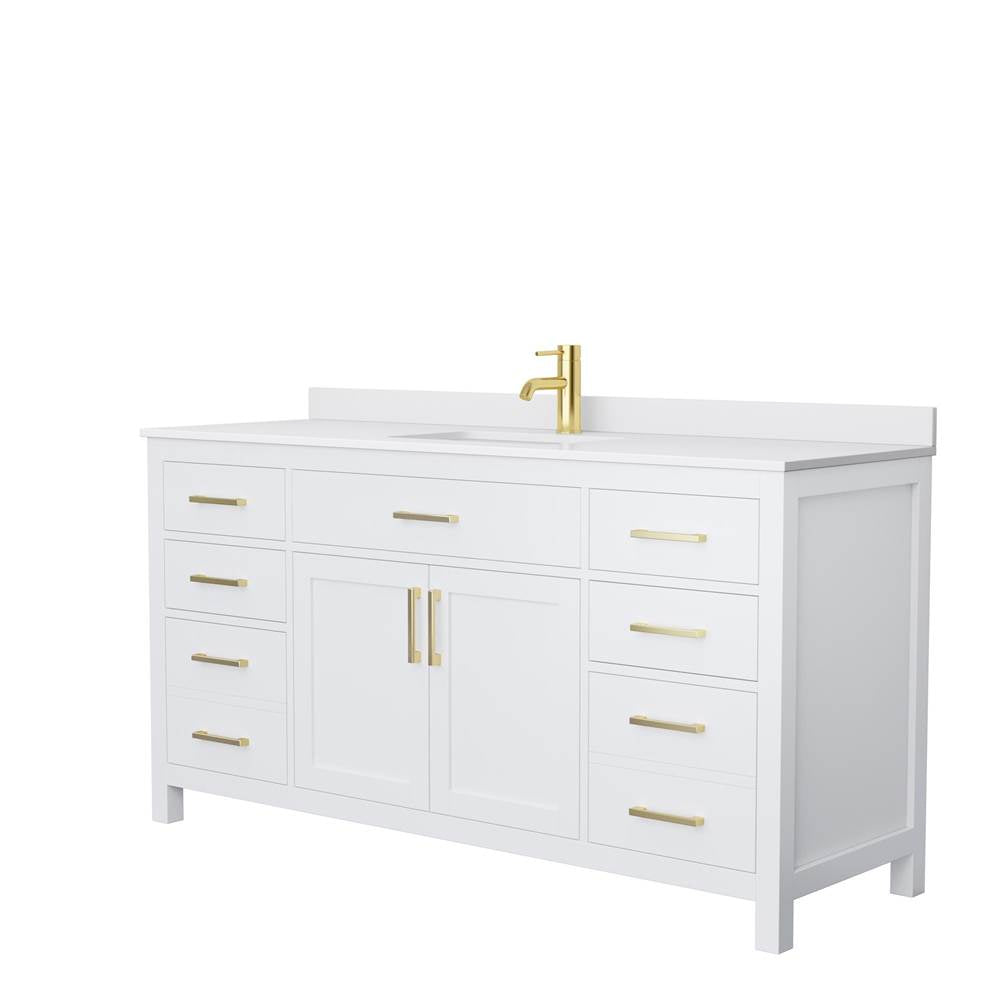 Wyndham Collection - Beckett 66 Inch Single Bathroom Vanity in White, White Cultured Marble Countertop, Undermount Square Sink, Brushed Gold Trim