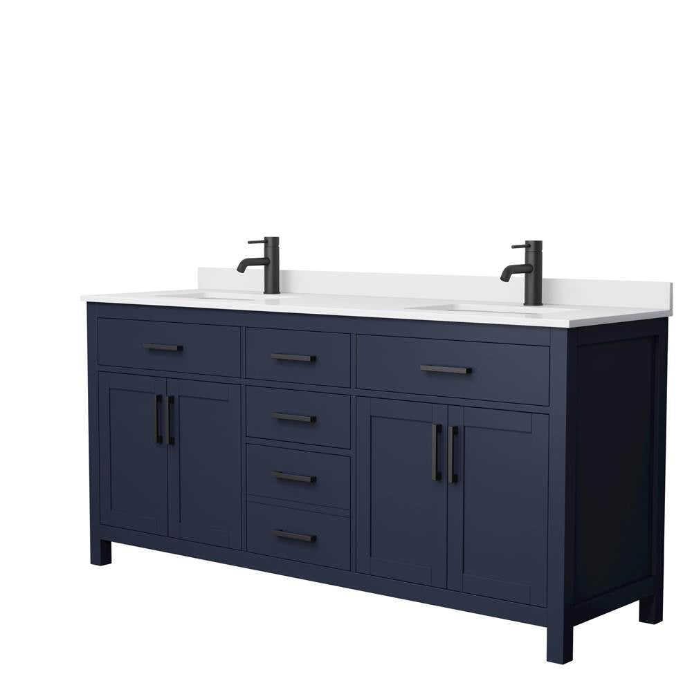 Wyndham Collection - Beckett 72 Inch Double Bathroom Vanity in Dark Blue, White Cultured Marble Countertop, Undermount Square Sinks, Matte Black Trim