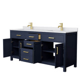 Beckett 72 Inch Double Bathroom Vanity in Dark Blue, White Cultured Marble Countertop, Undermount Square Sinks, No Mirror