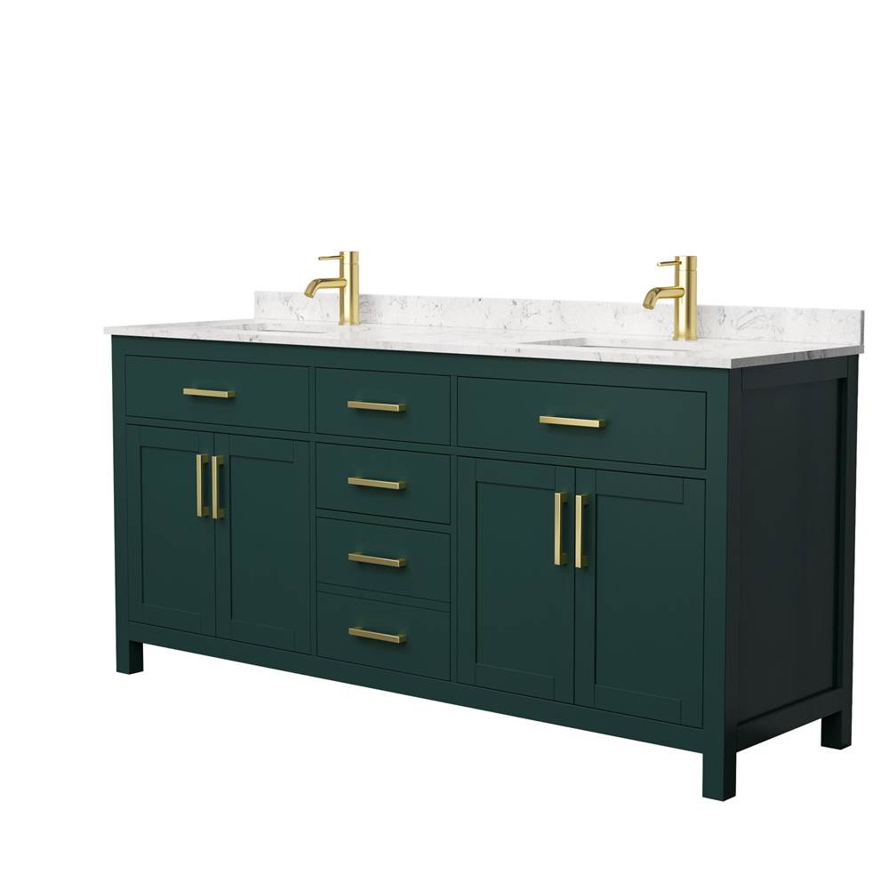 Wyndham Collection - Beckett 72 Inch Double Bathroom Vanity in Green, Carrara Cultured Marble Countertop, Undermount Square Sinks, Brushed Gold Trim