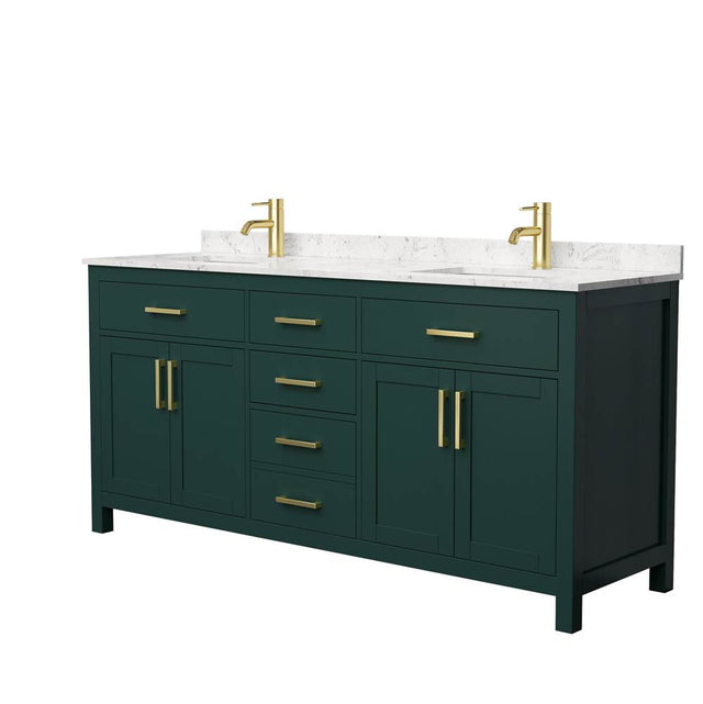 Wyndham Collection - Beckett 72 Inch Double Bathroom Vanity in Green, Carrara Cultured Marble Countertop, Undermount Square Sinks, Brushed Gold Trim