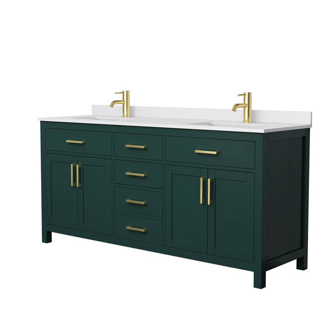 Wyndham Collection - Beckett 72 Inch Double Bathroom Vanity in Green, White Cultured Marble Countertop, Undermount Square Sinks, Brushed Gold Trim