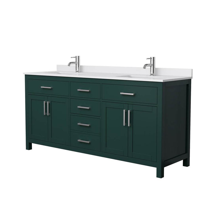 Wyndham Collection - Beckett 72 Inch Double Bathroom Vanity in Green, White Cultured Marble Countertop, Undermount Square Sinks, Brushed Nickel Trim