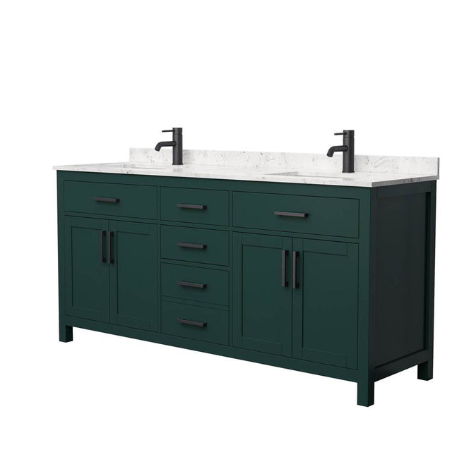 Wyndham Collection - Beckett 72 Inch Double Bathroom Vanity in Green, Carrara Cultured Marble Countertop, Undermount Square Sinks, Matte Black Trim