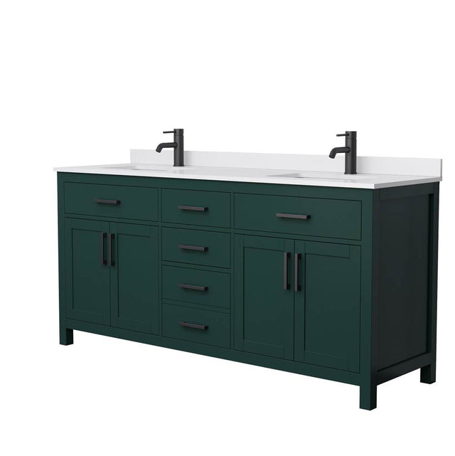 Wyndham Collection - Beckett 72 Inch Double Bathroom Vanity in Green, White Cultured Marble Countertop, Undermount Square Sinks, Matte Black Trim