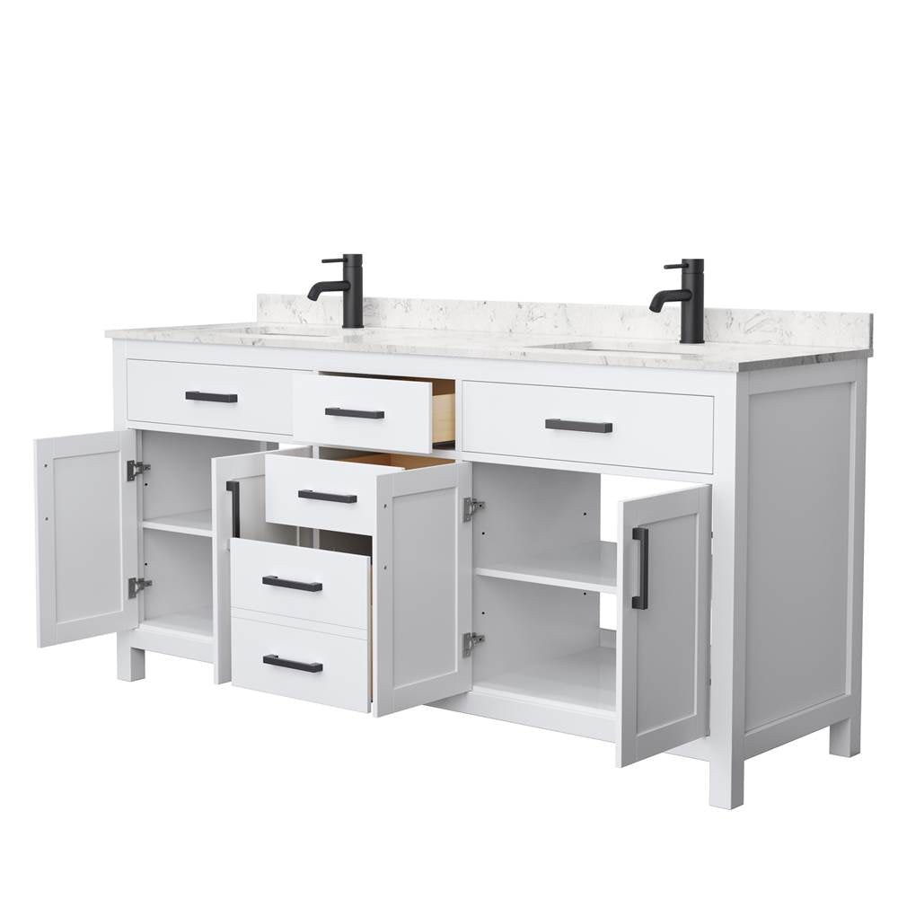 Beckett 72 Inch Double Bathroom Vanity in White, Carrara Cultured Marble Countertop, Undermount Square Sinks, Matte Black Trim