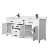 Beckett 72 Inch Double Bathroom Vanity in White, Carrara Cultured Marble Countertop, Undermount Square Sinks, Matte Black Trim