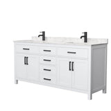 Wyndham Collection - Beckett 72 Inch Double Bathroom Vanity in White, Carrara Cultured Marble Countertop, Undermount Square Sinks, Matte Black Trim