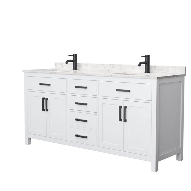 Wyndham Collection - Beckett 72 Inch Double Bathroom Vanity in White, Carrara Cultured Marble Countertop, Undermount Square Sinks, Matte Black Trim