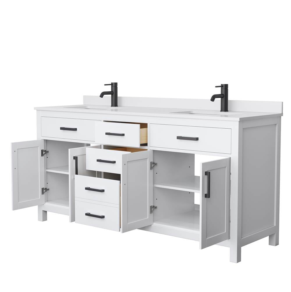 Beckett 72 Inch Double Bathroom Vanity in White, White Cultured Marble Countertop, Undermount Square Sinks, Matte Black Trim