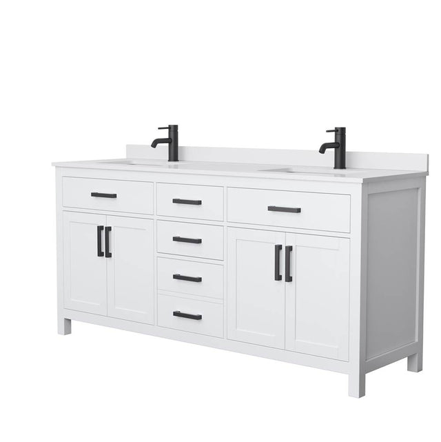 Wyndham Collection - Beckett 72 Inch Double Bathroom Vanity in White, White Cultured Marble Countertop, Undermount Square Sinks, Matte Black Trim