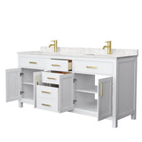 Beckett 72 Inch Double Bathroom Vanity in White, Carrara Cultured Marble Countertop, Undermount Square Sinks, Brushed Gold Trim